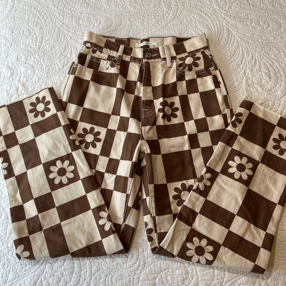 PacSun Eco Flower Checkerboard High Waisted Straight Leg Jeans size 25